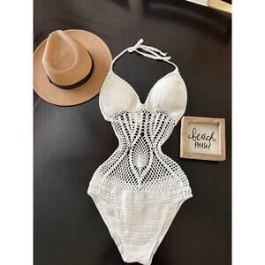 Crochet One Piece White Bathing Suit Size S-M